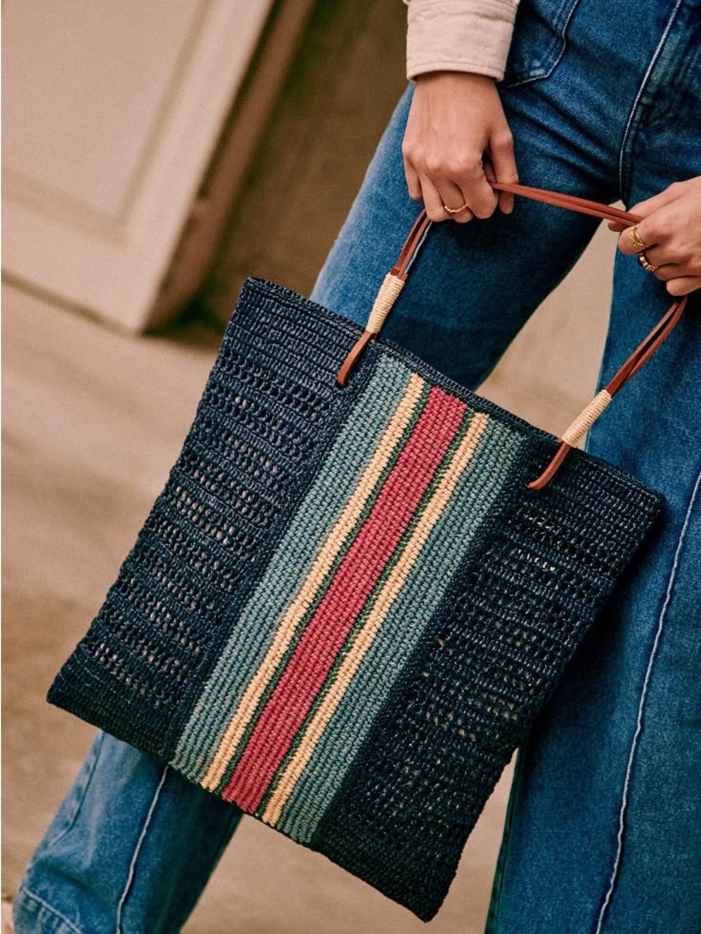 Sezane Francisco Basket Bag - Raffia - Navy with Stripes - Leather Handles